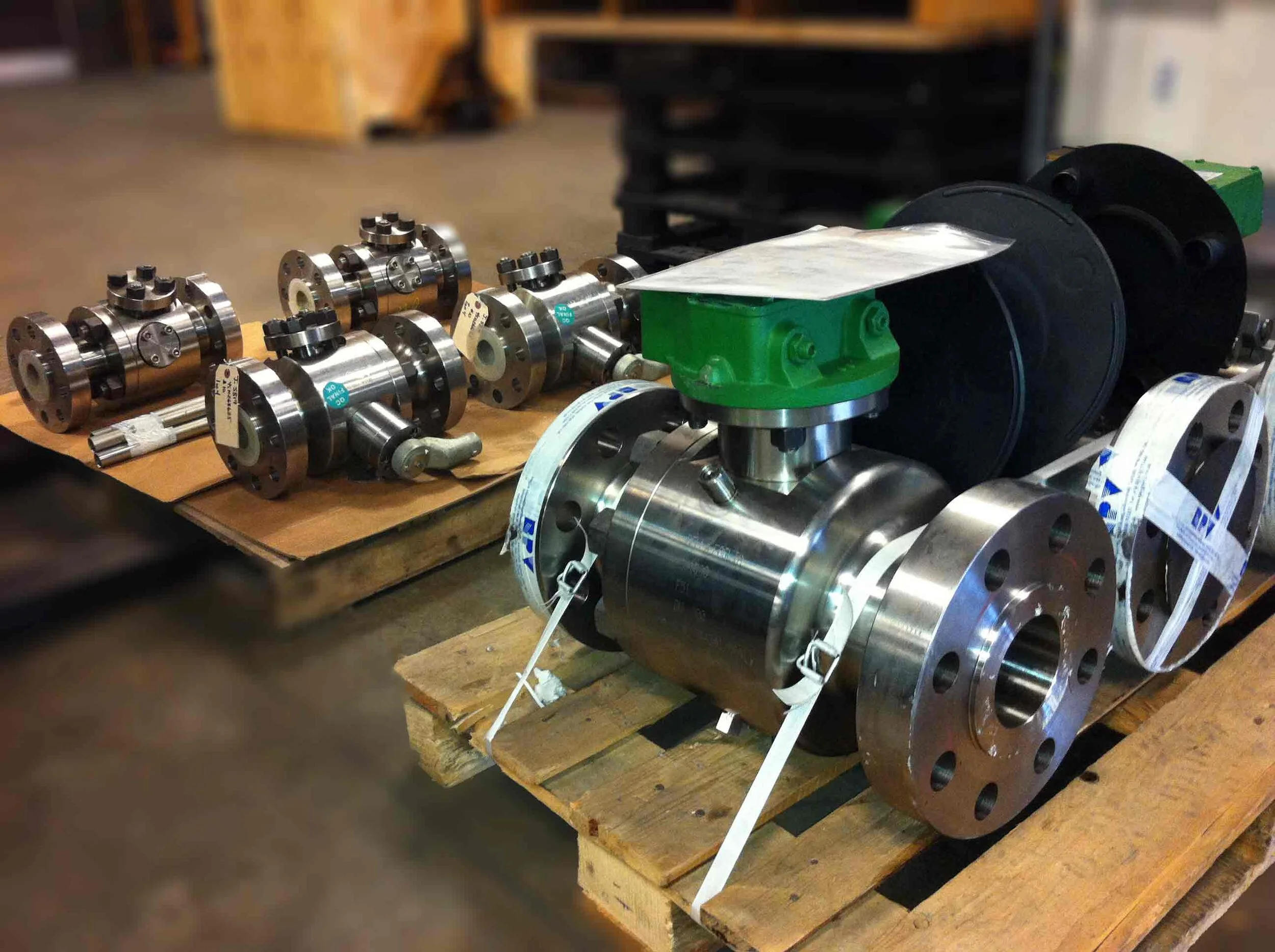 Industrial ball valves on pallets